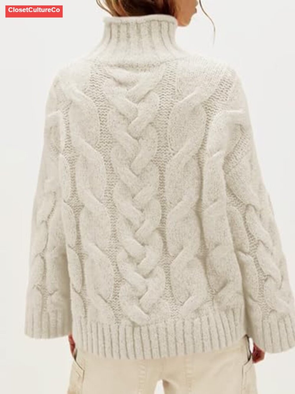 Chunky Cable Knit Turtleneck Sweater Oversized Fall Pullover - Picture 3 of 6